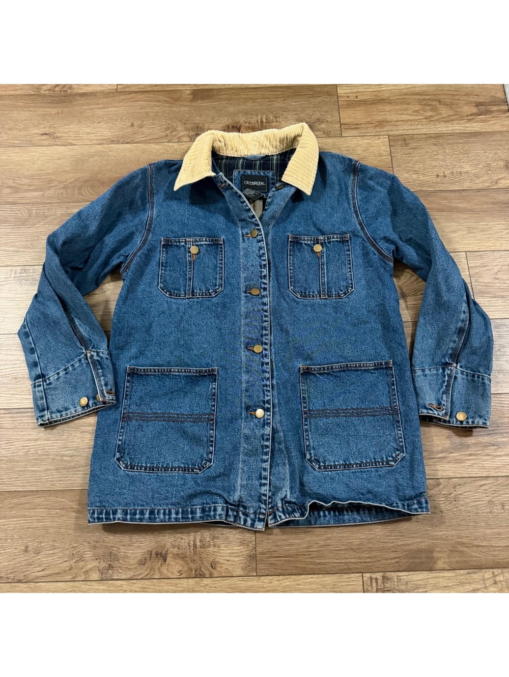 Vtg 90s Outbrook Plaid Lined Denim Chore Barn Coat L